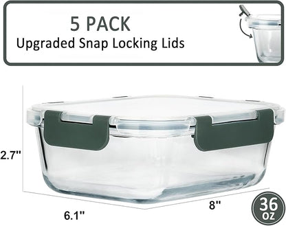 M MCIRCO [5-Packs, 36 Oz Glass Meal Prep Containers with Snap Locking Lids Glass Food Containers,Airtight Lunch Container,Microwave, Oven, Freezer and Dishwasher (4.5 Cup)