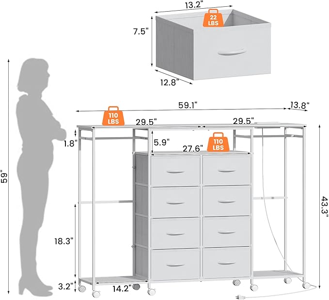 59.1" W Dresser for Bedroom with Hanging Rack, 8 Drawer Dresser with LED Lights & Charging Station, Fabric Dressers with Portable Wheels,Metal Frame, Wooden Top (White)