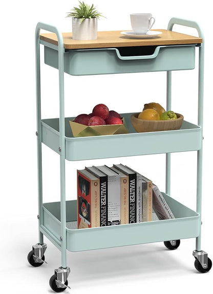 Aratan 3 Tier Rolling Cart, Utility Cart with Drawer and Table Top, Metal Rolling Kitchen Storage Organizer Cart with Handle and Locking Wheels for Bathroom Office Balcony Living Room