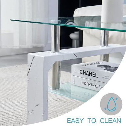 Btrpily Living Room Rectangle Coffee Table, Tea Table Suitable for Waiting Room, Modern Side Coffee Table with Wooden Leg, Glass Tabletop with Lower Shelf, Marble