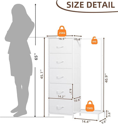 Somdot Dresser with Hanging Rack,5 Drawers Small Closet for Bedroom,Reversible Dresser with Clothes Rack,Kids Dressers for Bedroom Chest of Drawers,Tall Storage Tower,White Leather