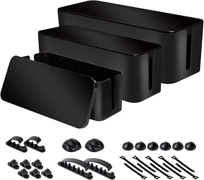 Cable Organizer Box Set of Three, Power Cover Cord Holder Surge Protector for Desk (Black)