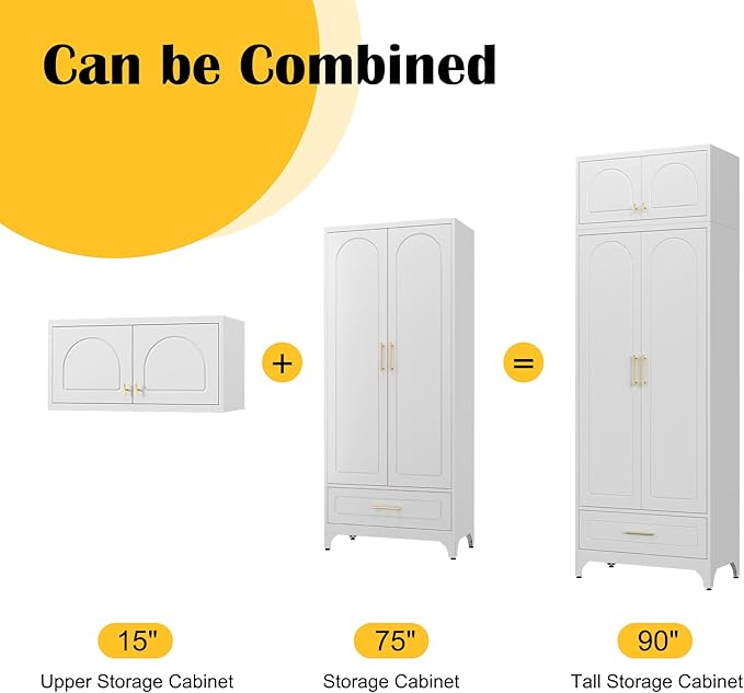 Kitchen Pantry Cabinet，90" Storage Cabinets with Doors and Shelves,Metal Pantry Cabinet with Drawers,White Kitchen Cupboard for Livingroom,Pantry, Bathroom