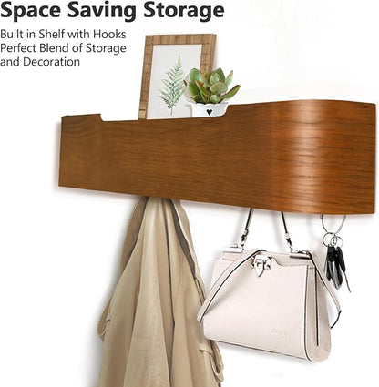 Coat Rack Wall Mount with Hidden Hooks Modern Key Holder Wood Entryway Hook with Shelf for Bedroom Kitchen Hallway Bathroom Designed for Hanging Coats Hats Bags Towel Dog Leashe(Walnut,5 Hooks)