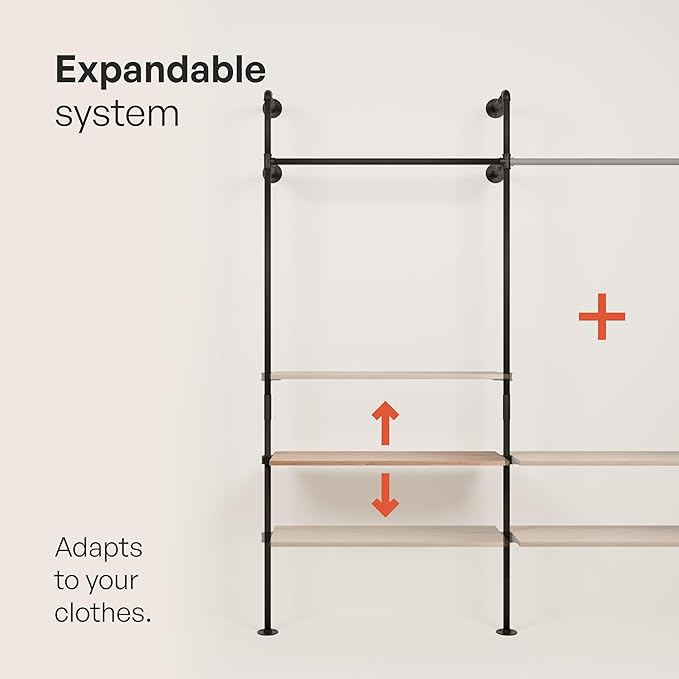 pamo Industrial Pipe Clothing Rack with Shelf – Wall Mounted Black Closet System in Powder-Coated Steel – 116.54" W × 87.4" H – Easy Setup – Ideal for Walk-In Closets & Retail Use