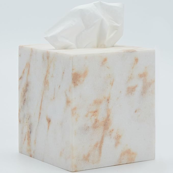 Marble Tissue Box Cover for Bathroom, White with Gold Texture Marble Facial Tissue Holder, Rectangular Toilet Paper Holder Case, Elegant Home Decorative for Vanity, Bedroom, Living Room, Office