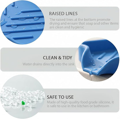 MicoYang Silicone Soap Dish with Drain Spout, Self-Draining Sink Organizer Tray for Bathroom & Kitchen, Sponges, Dispensers & Soap Holder, Non-Slip & Dishwasher Safe, Lichen Blue (Compact, 4.9"×3.2")