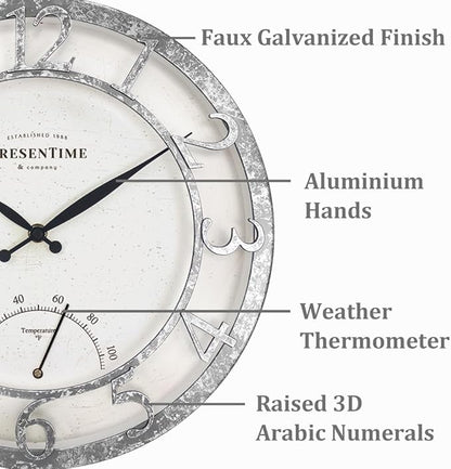 Presentime & Co 13" Farmhouse Outdoor Wall Clock w/Outdoor Thermometer, Farmhouse Style, Raised 3D Arabic Numerals, Faux Galvanized Finish (Wall Clock for Patio, Cottage, Poolside, Garden Spaces)