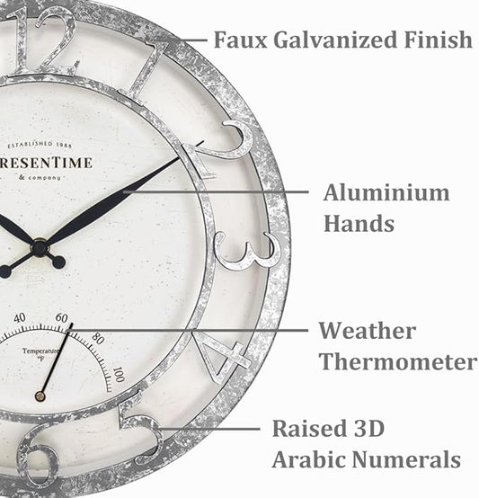 Presentime & Co 13" Farmhouse Outdoor Wall Clock w/Outdoor Thermometer, Farmhouse Style, Raised 3D Arabic Numerals, Faux Galvanized Finish (Wall Clock for Patio, Cottage, Poolside, Garden Spaces)