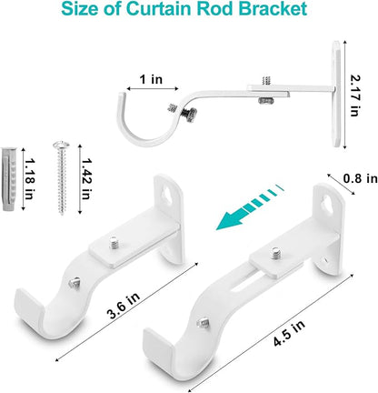Adjustable Curtain Rod Brackets, Metal Window Drapery Rod Hanger Holders Hooks for 1 inch Rods (White, Set of 2)