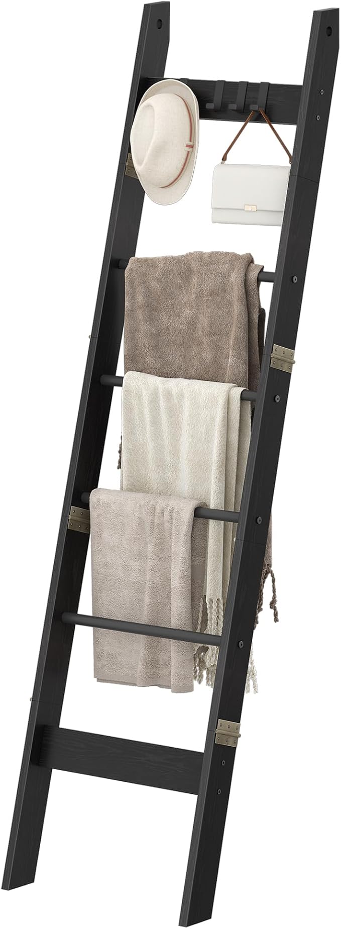 Hzuaneri Blanket Ladder for Living Room, Decorative Quilt Rack with 4 Removable Hooks, 6-Tier Farmhouse Ladder Holder Shelf Organizer for Bedroom, Black BR31504B