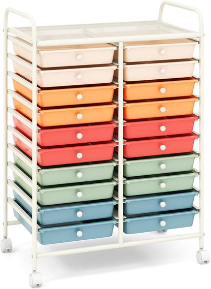 GOFLAME 20-Drawer Rolling Storage Cart, Multifunctional Art Craft Organizer Cart, Mobile Utility Storage Cart with Removable Drawers & Lockable Wheels, Craft Cart for Home Office School, Macaron Color
