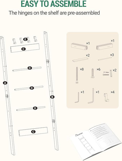 Hzuaneri Blanket Ladder for Living Room, Decorative Quilt Rack with 4 Removable Hooks, 5-Tier Farmhouse Ladder Holder Shelf Organizer for Bedroom, Black Tea Brown and Black BR02120B