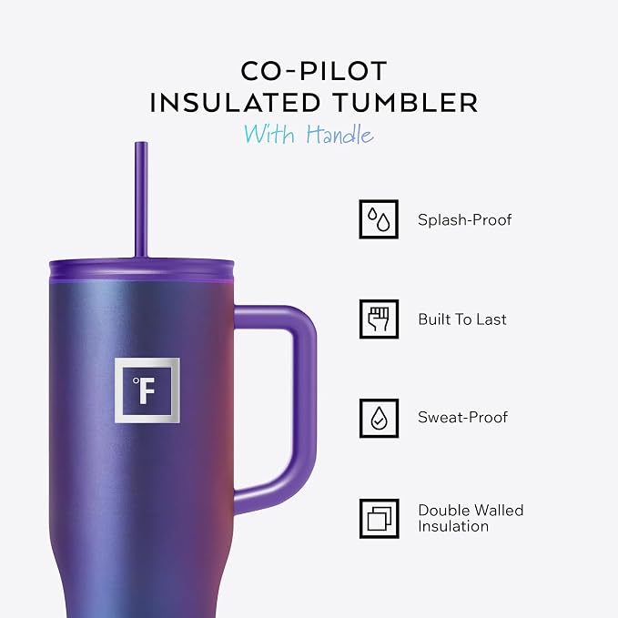 IRON °FLASK Co-Pilot Insulated Mug w/Straw & Flip Cap Lids - Cup Holder Bottle for Hot, Cold Drink - Leak-Proof - Water, Coffee Portable Travel Mug - Dark Night, 40 Oz