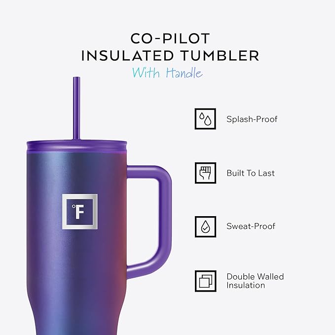 IRON °FLASK Co-Pilot Insulated Mug w/Straw & Flip Cap Lids - Cup Holder Bottle for Hot, Cold Drink - Leak-Proof- Water, Coffee Portable Travel Tumbler - Lavender, 40 Oz