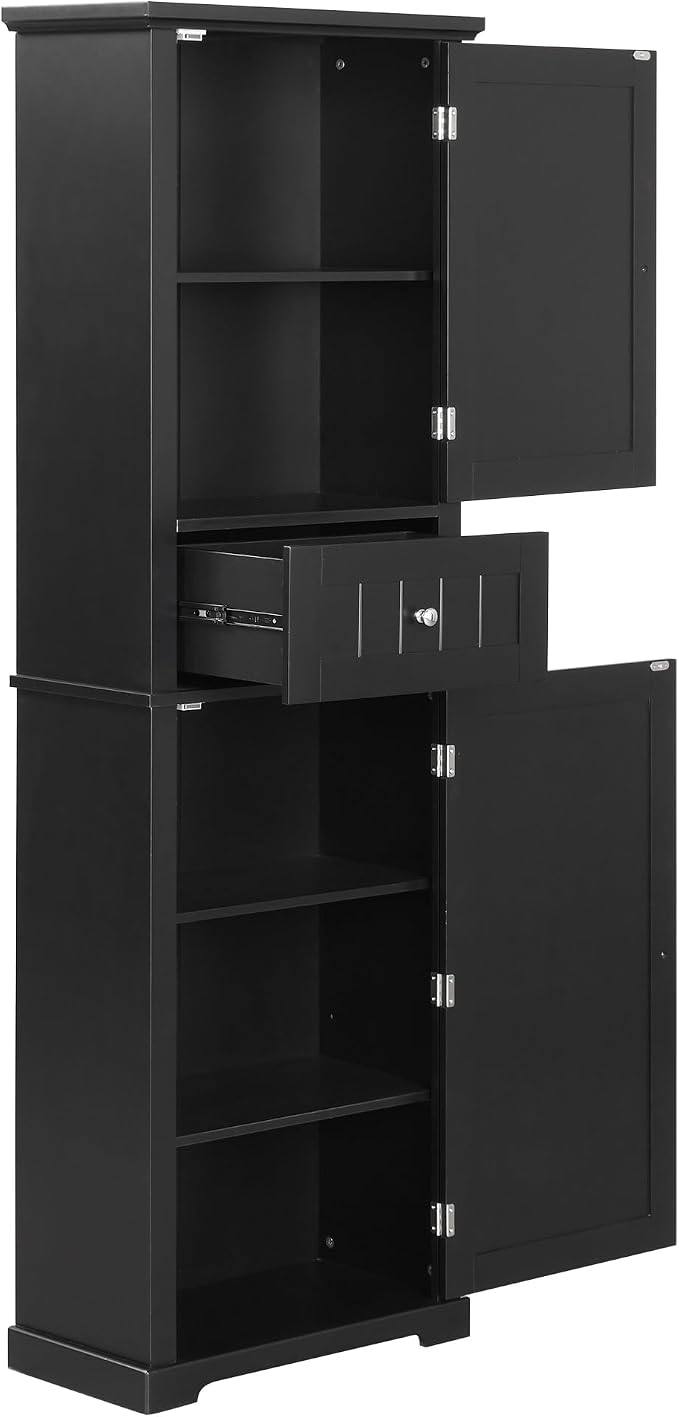 Bathroom Storage Cabinet, Tall Cabinet with Adjustable Shelf | Tall bathroom storage cabinet, 2 enclosed cabinets and middle pull-out compartment keep daily essentials organized