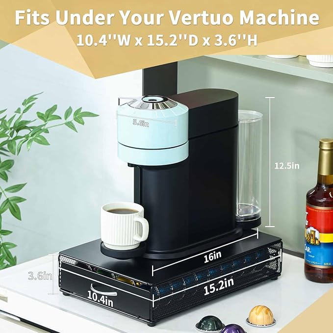FlagShip Vertuo Pod Holder Drawer with Black Metal,Compatible for Nespresso VertuoLine Pods,Holds up to 40 Big Vertuo Pods,Smooth Pull-Out Design,Fits Under Coffee Makers (10.4''W x 15.2''D x 3.6''H)