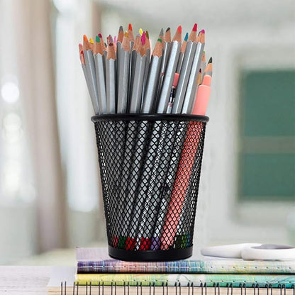 SLSON 4 Pack Pen Holder Metal Mesh Pencil Holders Round Shaped Pen Holders for Desk Office Wire Mesh Container Pen Organizer,Black