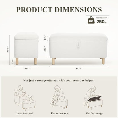 Ottoman with Storage, Storage Ottoman Bench, Entryway Bench with Wood Legs for Living Room, Sitting Area, 2PCS, Cream