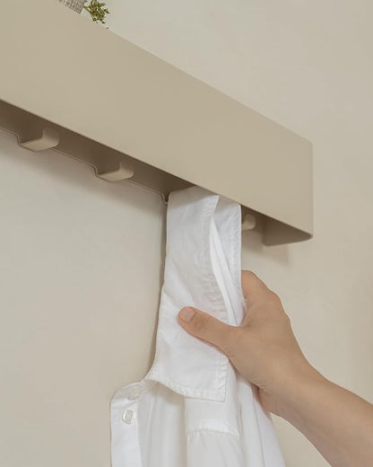 Kazai.® Coat Rack Wall Mount with Shelf 'Tone' | Modern Design Coat Hanger with Hidden Hooks and Storage | Hat Rack with Shelf in Metal | Wall-Mounted Purse Organizer | Taupe
