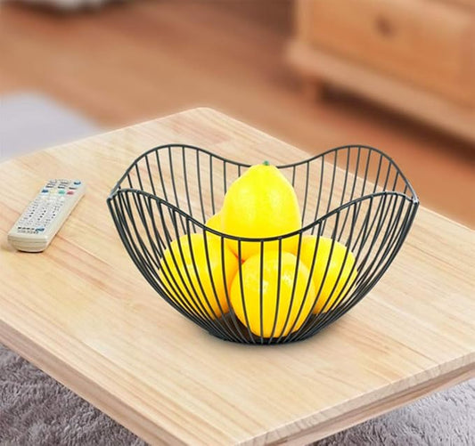 7UYUU Fruit Basket for Kitchen Counter, 10 Inches Mordern Black Metal Wire Produce Bowl for Fruit Vegetable (Curve)