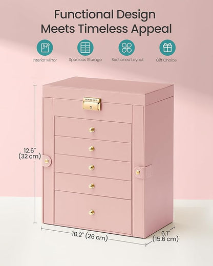 SONGMICS 6-Layer Jewelry Box Organizer with 5 Drawers, Jewelry Storage Case with Lock and Mirror, Large Storage Capacity, Gift for Loved Ones, for Necklaces, Watches, Jelly Pink UJBC152SA02S