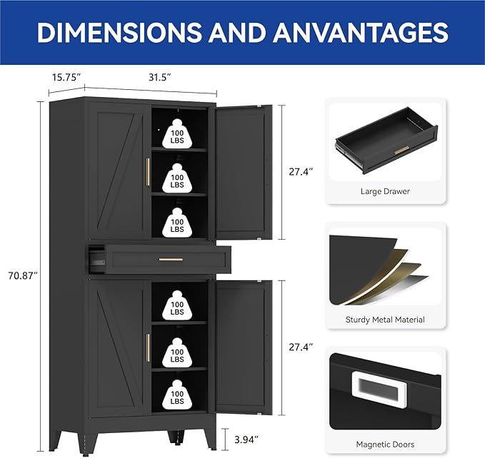 COFaR 71 in Tall Kitchen Pantry Cabinet, Metal Pantry Storage Cabinet with 4 Adjustable Shelves and 4 Barn Doors, Freestanding Farmhouse Food Cupboard for Dining Room Garage, Black 6-Tier