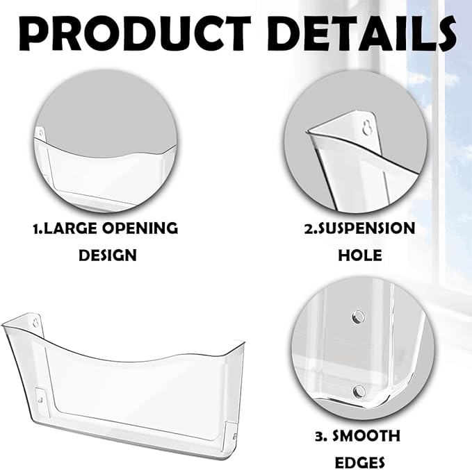 6 Pcs Clear Plastic Wall Folders Acrylic File Holder, 13.4x6.9 Inch Single Acrylic Wall File Organizer for Office and Home