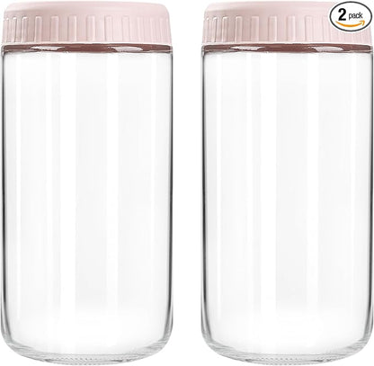 SHOWIN Overnight Oats Containers with Lids, 24oz Glass Jars with Lids 2 pcs, Pink, Wide Mouth Mason jars for Salad, Yogurt, Snacks, Meal Prep