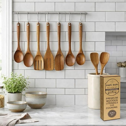 10 Piece Teak Wood Utensil Set - Non-Toxic, Ultimate Kitchen Cooking Spoons & Spatulas for Nonstick Cookware - Includes Pasta Spoon, Ladle & Skimmer - Premium Wooden Utensil Gift Set