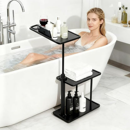 3 Layer Bathtub Tray Table,Bamboo Swivel Bathtub Side Table Height Adjustable,Freestanding Bathtub Tray for Tub Against Wall,Bathtub Accessories&Bathroom Organizer for Luxury Home Spa (Black1)