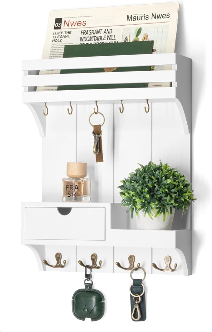 Rebee Vision Decorative Key Holder Wall Mount for Home Decor - Stylish Mail Organizer with 9 Key Hooks and Mini Drawer Organizer for Apartment Essentials - Room Decor Aesthetic (White)