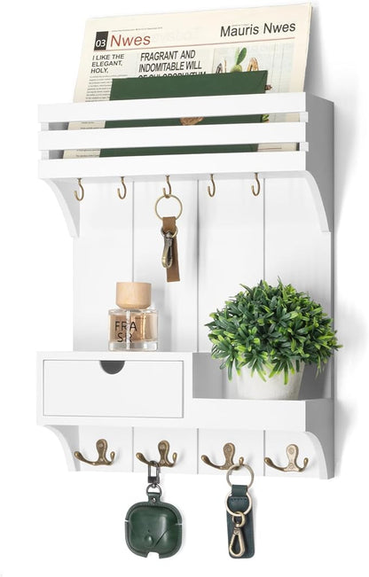 Rebee Vision Decorative Key Holder Wall Mount for Home Decor - Stylish Mail Organizer with 9 Key Hooks and Mini Drawer Organizer for Apartment Essentials - Room Decor Aesthetic (White)