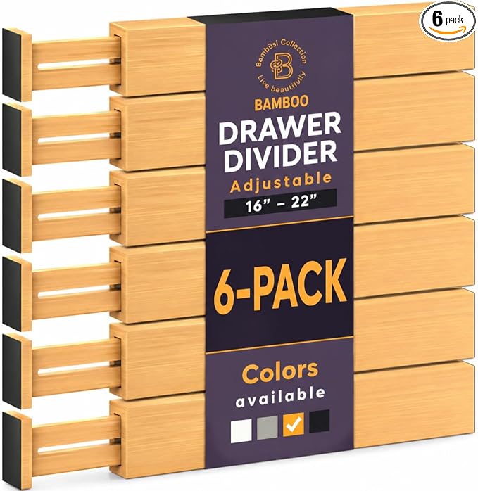 Bamboo Drawer Dividers 6 Pack - Adjustable 16-22 Inch Spring Loaded Deep Drawer Organizer Separators, 2.6 Inch High Non Slip Bamboo Dividers for Kitchen, Dresser, Clothes, Utensils, Bathroom, Office
