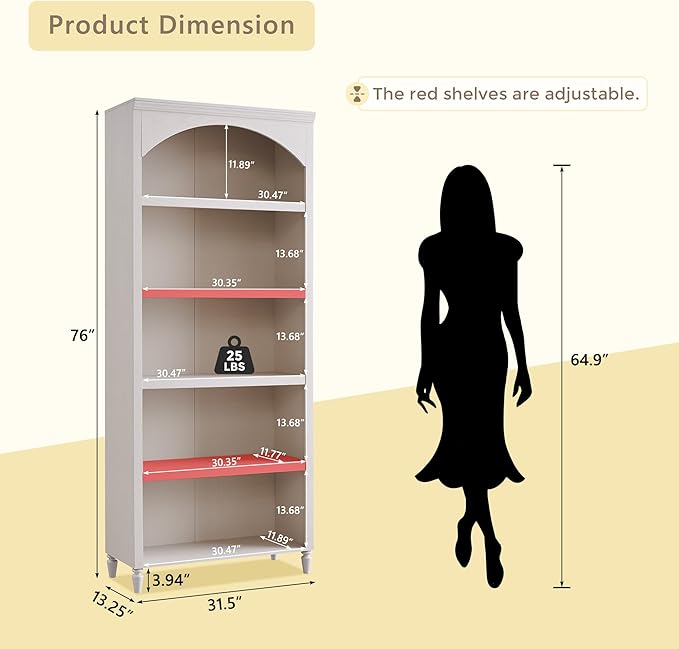 76" Tall Arched Shoe Storage Cabinet, 5 Tiers 20 Pairs Large Wood Shoe Rack w/2 Adjustable Shelves, Farmhouse Freestanding Closet Shelf Organizer for Entryway, Hallway, Living Room (Cream)
