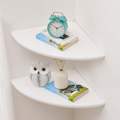 Conamily Corner Shelves, Floating Corner Shelf, Set of 2 Solid Oak Wood Wall Shelves, Round End Wall Mount with Wire Hole Shelving for Small Plant for Bedroom Kitchen, Living Room White