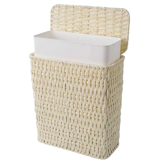 3 Gallon Paper Rope Bathroom Trash Can,Small Wicker Trash Cans with Lid and Liner,Woven Rattan Narrow Waste Basket for Bedroom,Office,White