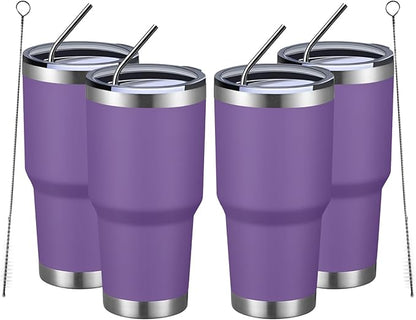 MEWAY 30oz Insulated Tumbler With Lids and Straws,Stainless Steel Double Vacuum Coffee Tumbler Cup, Brush, Durable Powder Coated Coffee Cup for Cold & Hot Drinks, Office, Travel(Purple,4 PACK)