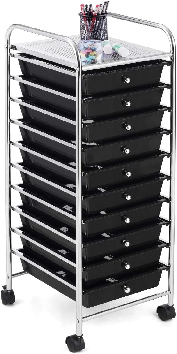 RELAX4LIFE 10 Drawer Rolling Cart, Slim Storage Cart w/Lockable Wheels for Classroom School Teacher Office, Art Supplies Paper Scrapbook Craft Organizers, Utility Cart with Drawers (Black)