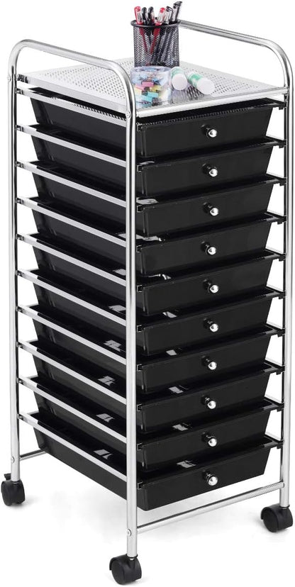 RELAX4LIFE 10 Drawer Rolling Cart, Slim Storage Cart w/Lockable Wheels for Classroom School Teacher Office, Art Supplies Paper Scrapbook Craft Organizers, Utility Cart with Drawers (Black)