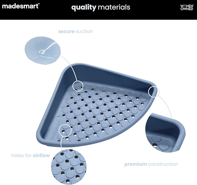 madesmart Bathtub Corner Shelf, Suction Cup Bath Organizer for Shampoo, Soap, Razors & Shower Accessories, Non Slip Bathroom Storage Tray with Drainage Holes, Blue
