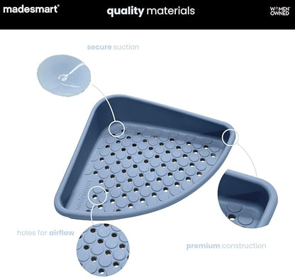 madesmart Bathtub Corner Shelf, Suction Cup Bath Organizer for Shampoo, Soap, Razors & Shower Accessories, Non Slip Bathroom Storage Tray with Drainage Holes, Blue