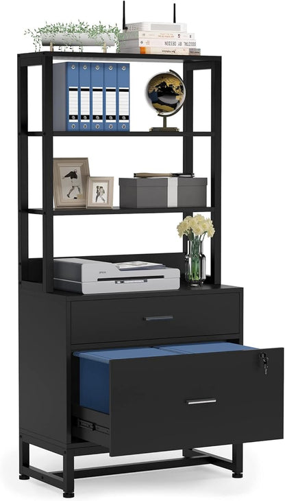 Tribesigns 2 Drawer Vertical File Cabinet with Lock & Bookshelf, Letter Size Large Modern Filing Cabinet Printer Stand with Open Storage Shelves for Home Office, Black