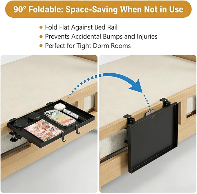 Foldable Bedside Shelf Set, Clip-On Bed Shelf with T-Shaped Cord Hole & Hook, Clip-On Table for Top Bunk, Clip-On Nightstand for College Dorm Loft Bed
