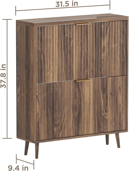 Shoe Cabinet Storage, Modern Freestanding Organizer with 2 Flip Drawers, Narrow Shoe Rack for Entryway, Walnut