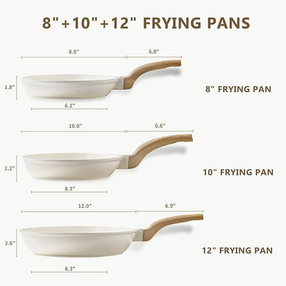CAROTE Non Stick Frying Pan Skillet Set, Omelet Pan, Healthy Non Toxic Granite Chef Pan, Induction Compatible Egg Frying Pan with Heat-Resistant Handle, PFOA-Free,Cream White,8"+10"+12"