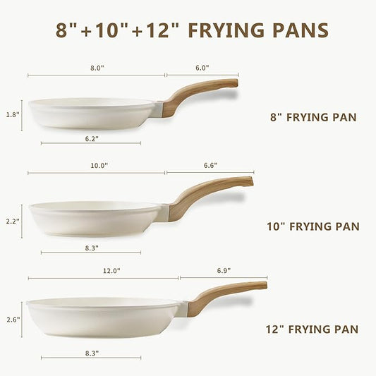 CAROTE Non Stick Frying Pan Skillet Set, Omelet Pan, Healthy Non Toxic Granite Chef Pan, Induction Compatible Egg Frying Pan with Heat-Resistant Handle, PFOA-Free,Cream White,8"+10"+12"