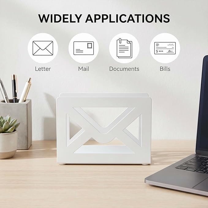 MyGift White Metal Desktop Mail Holder with Cutout Envelope Design Home and Office Desk Letter Organizer