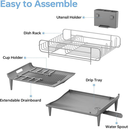 TOOLF Large Dish Drying Rack, Expandable Dish Rack for Kitchen Counter, Multifunctional Dish Drainer, Organization and Storage Essentials with Cup & Cutlery Holders, 16.7"-26.8" L x 12.6" W, Gray