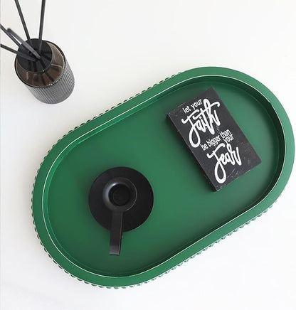 Green Oval Wood Decorative Ottoman Tray for Coffee Table Kitchen Counter, Living Room, Handcrafted Green Wooden Serving Tray for Table Centerpiece